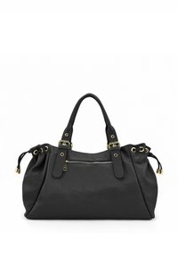 Sac à main en cuir noir à surface texturée, ornements en métal doré, double poignée supérieure et détail décoratif à cordon de serrage sur les côtés.