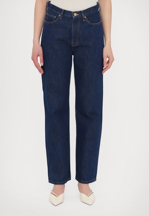 Donker gewassen denim jeans met een rechte pijpdesign, vijf zakken, een knoopsluiting en zichtbare stikdetails.