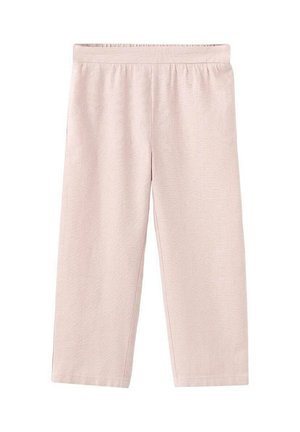 Svetlo bež elastične hlače z ravnimi hlačnicami in gladko teksturo, zasnovane za udobje in vsakodnevno nošenje.