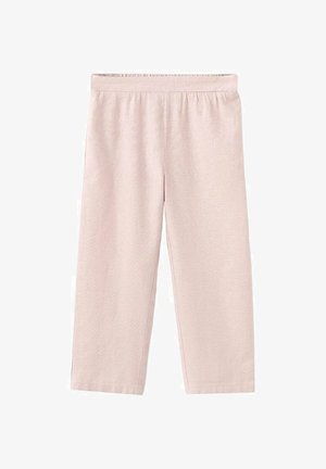 Lys beige elastiske bukser med lige ben og glat tekstur, designet til komfort og afslappet brug.