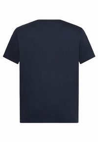 Marineblaue Baumwoll-T-Shirt, Rundhalsausschnitt, kurze Ärmel, schlichtes Design, glatte Textur, mit geradem Saum und ohne sichtbare Grafiken oder Verzierungen.