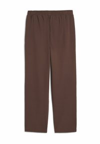 Braune Hose mit elastischem Bund aus weichem, glattem Stoff. Gerader Beinabschluss mit leicht taillierter Passform, keine Taschen oder Verzierungen.