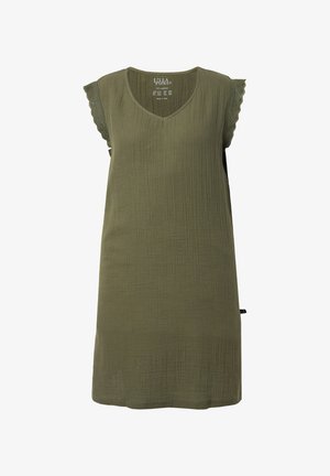 Robe sans manches vert olive avec un col en V et une bordure en dentelle sur les bords des épaules, en tissu texturé et longueur jusqu'aux genoux.