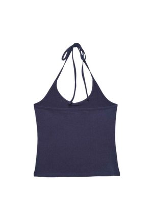 Haut dos nu côtelé bleu marine avec une lanière à nouer au cou, ourlet droit et design sans manches.