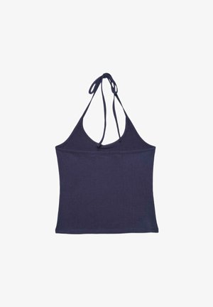 Haut dos nu côtelé bleu marine avec une lanière à nouer au cou, ourlet droit et design sans manches.