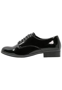 Scarpe lacci in vernice nera con punta arrotondata, tacco basso a blocco e texture liscia, caratterizzate da sottili accenti di cucitura.