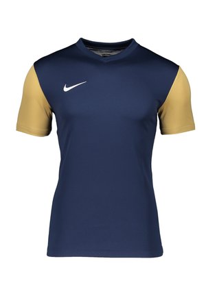 Nike sports skjorte i marineblå med guld korte ærmer, V-hals design og hvidt logo på brystet. Glat tekstur.