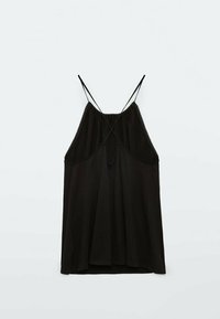 Top noir sans manches avec des fines bretelles, en tissu léger, à coupe ample, et avec des détails complexes le long de l'encolure. Présentation à plat.