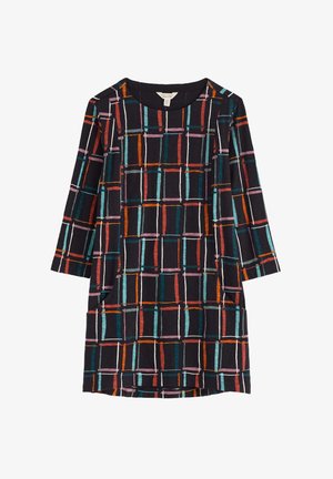 Une robe noire avec un motif à carreaux multicolore. Elle a des manches trois-quarts et deux poches devant, fabriquée dans un tissu doux.