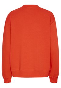 Pomarańczowy sweatshirt z prążkowanym okrągłym dekoltem, obniżonymi ramionami, długimi rękawami oraz prążkowanymi mankietami i dołem. Gładka faktura, minimalne detale.