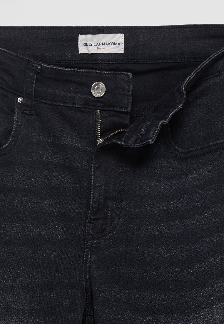 Dunkelblaue Jeans aus Denim mit einer eleganten, glatten Textur. Verfügt über einen klassischen Bund, einen Metallknopfverschluss und einen Reißverschluss. Markenlabel sichtbar.