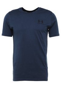 Mörkblå kortärmad t-shirt i mjuk bomull, med rund hals och en svart Under Armour-logga på bröstet.