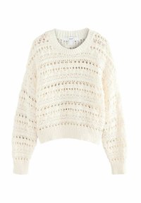 Pull en crochet de couleur crème avec un design ajouré, un col rond et des poignets côtelés. Coupe courte et ample.