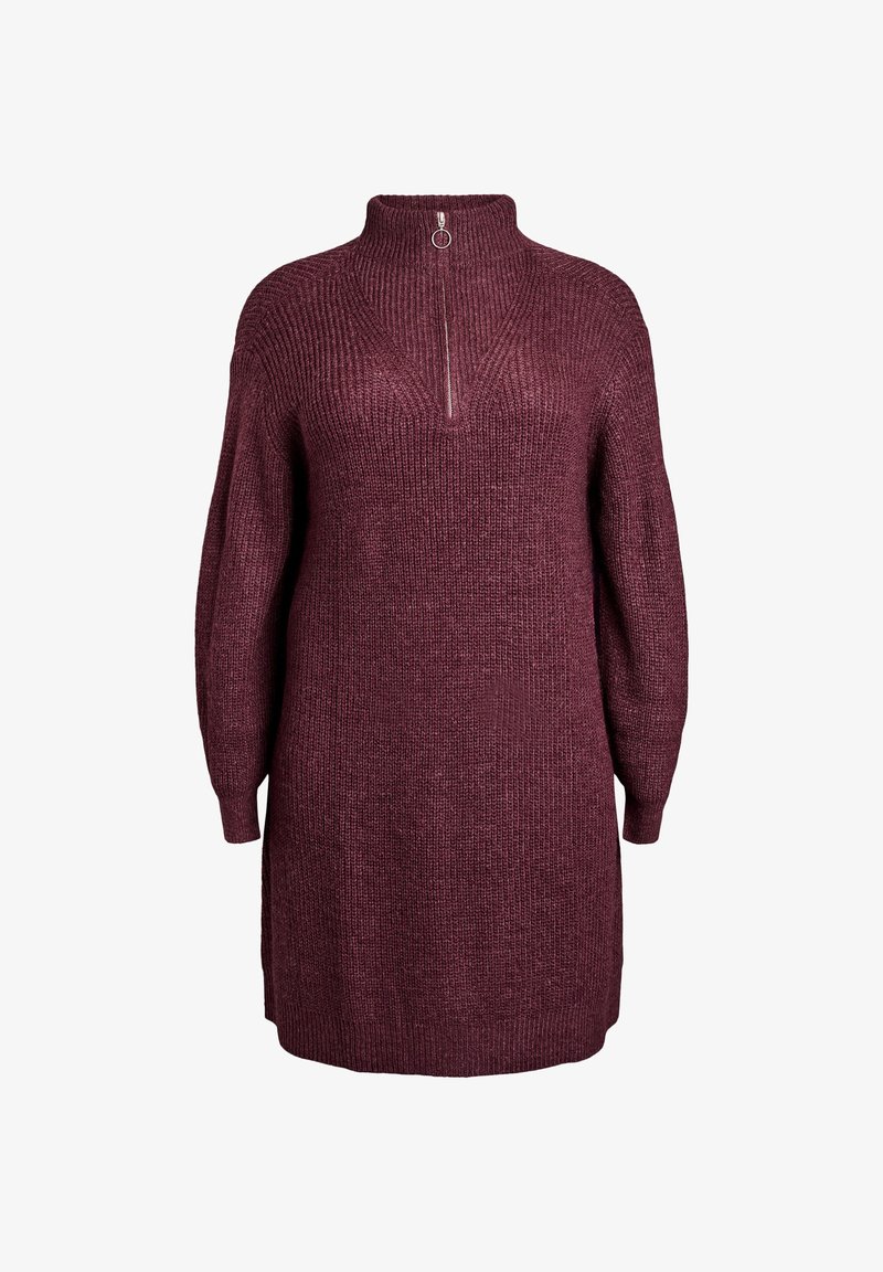 Vestido de suéter tejido burdeos con cuello alto, cierre de media cremallera y mangas oversized; tela texturizada y fit relajado.