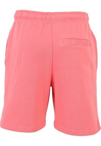 Lyserøde bomuldsshorts med elastisk talje, sidelommer og en lille baglomme med en rektangulær klap. Glat tekstur.