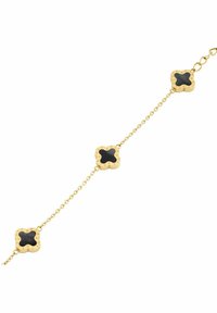 Guldkedja armband som har tre ornamentala blomformade länkar i guld och svart med en strukturerad yta.