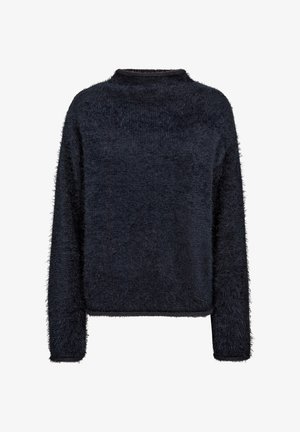 Donkerblauwe donzige trui met ronde hals, lange mouwen en een losse pasvorm. Zachte textuur over het geheel, minimalistisch ontwerp zonder extra details.