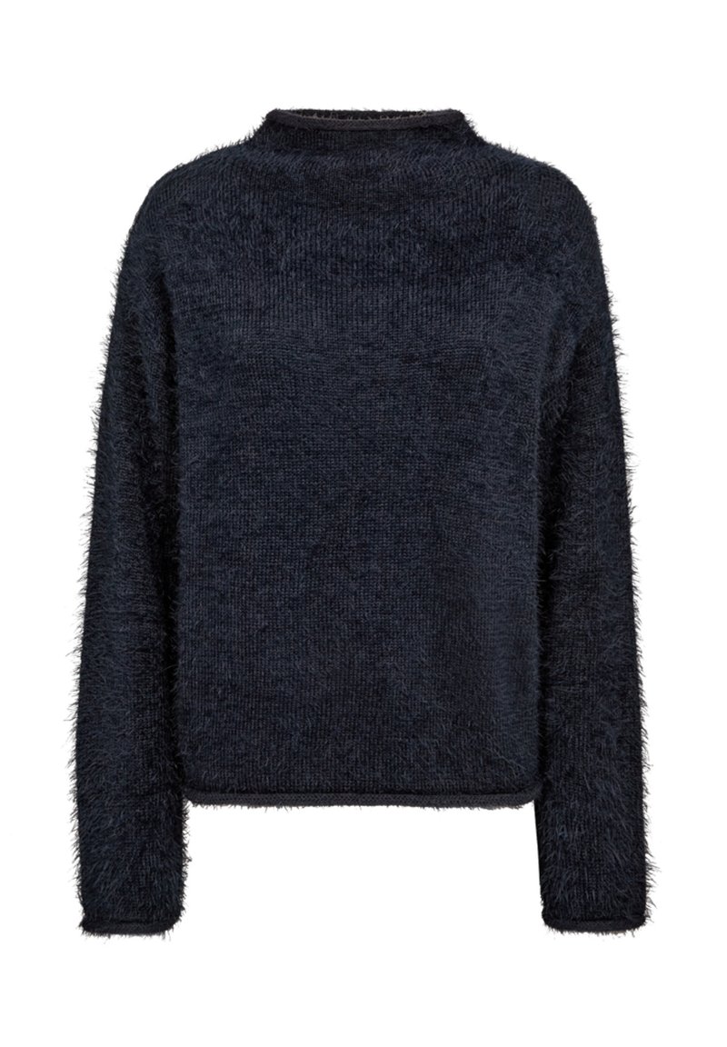 Donkerblauwe donzige trui met ronde hals, lange mouwen en een losse pasvorm. Zachte textuur over het geheel, minimalistisch ontwerp zonder extra details.