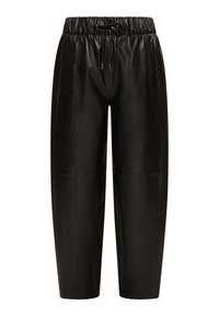 Zwarte leren broek met een elastische tailleband en trekkoord, met taps toelopende pijpen en een gladde, glanzende textuur.