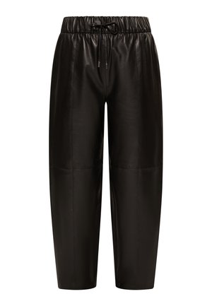 Schwarze Lederhosen mit elastischem Bund und Kordelzug, mit schmal zulaufenden Beinen und einer glatten, glänzenden Textur.