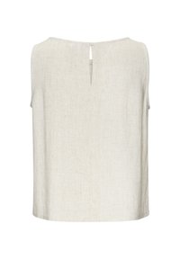 Sleeveless top in light beige linen, featuring a keyhole back closure with a button. Simple design, straight cut with a textured finish.