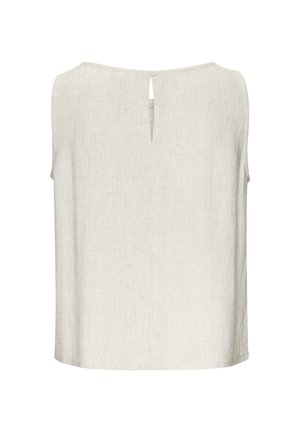 Ärmelloses Top aus hellem beigen Leinen, mit einer Schlüsselloch-Rückenöffnung und einem Knopf. Einfaches Design, gerader Schnitt mit strukturiertem Finish.