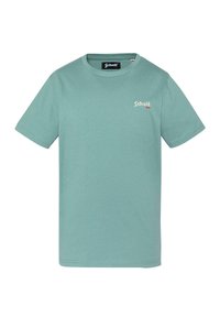 Miętowozielony t-shirt z krótkim rękawem wykonany z bawełnianej mieszanki, z okrągłym dekoltem i małym białym logo na lewej piersi. Gładka faktura, luźny krój.