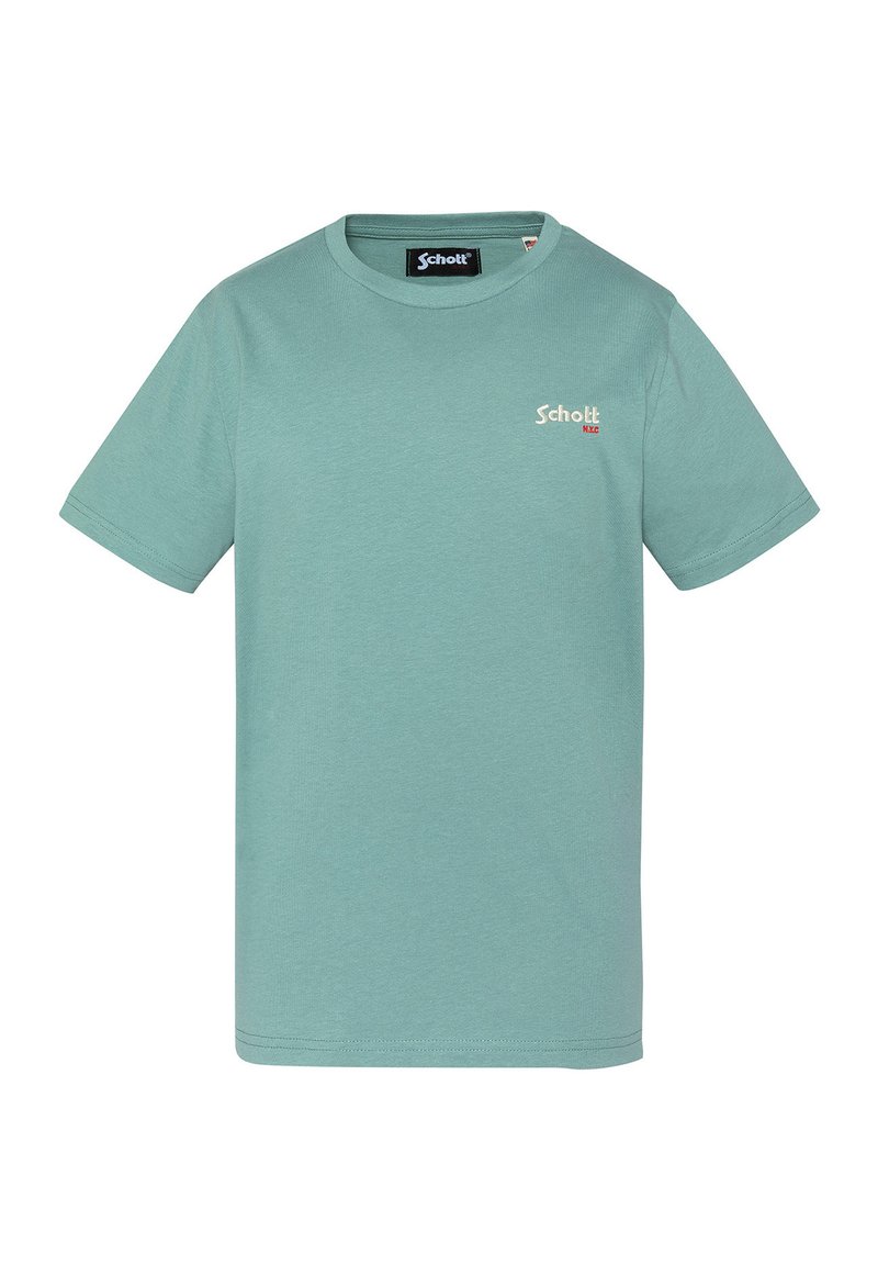 Miętowozielony t-shirt z krótkim rękawem wykonany z bawełnianej mieszanki, z okrągłym dekoltem i małym białym logo na lewej piersi. Gładka faktura, lu�źny krój.