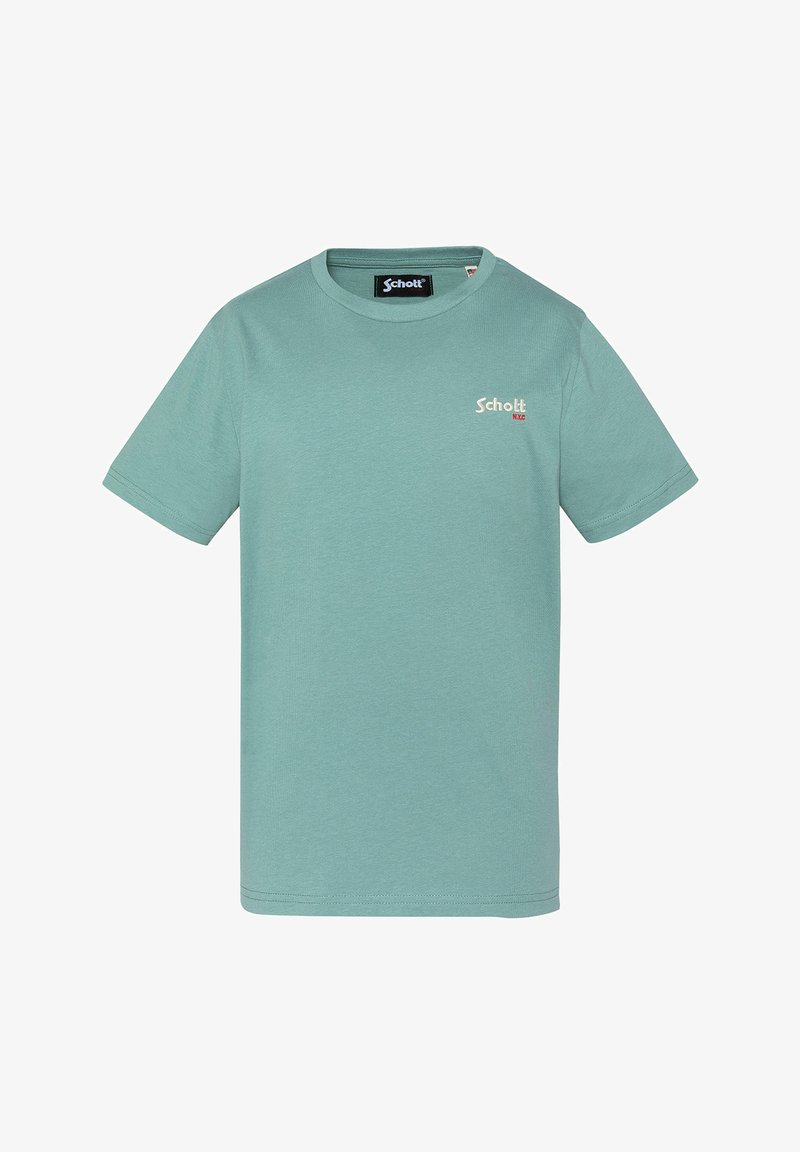 T-shirt à manches courtes vert menthe en mélange de coton, avec un col rond et un petit logo blanc sur le côté gauche de la poitrine. Texture lisse, coupe décontractée.