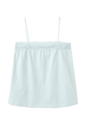 Light blue spaghetti strap top with lace trim along the neckline and a loose, flowy fit.