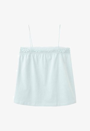 Light blue spaghetti strap top with lace trim along the neckline and a loose, flowy fit.