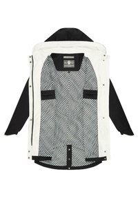 White and black jacket with a hood, featuring a striped inner lining, snap closures, and two horizontal pockets on the interior.