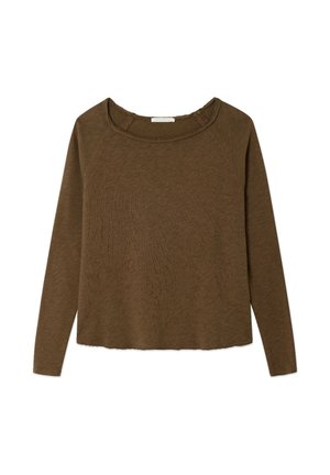 Top met lange mouwen in donker olijfgroen, gemaakt van gestructureerde stof. Voorzien van een brede halslijn en een ontspannen pasvorm, zonder zichtbare hardware.