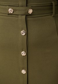 Olijfgroene rok van gladde stof, voorzien van vijf decoratieve zilveren knopen en een sluiting aan de voorkant met een bijpassende riem.