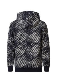Felpa con cappuccio blu navy e bianca, caratterizzata da un motivo testuale diagonale, una texture morbida e polsini e orlo a costine.