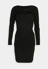 Robe moulante noire à manches longues avec détails froncés et encolure découpée en forme de cœur.