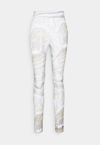 Leggings med en vit bas som har ett virvlande, flerfärgat mönster och en mjuk textur. Hög midja, åtsittande silhuett och ankellängd.