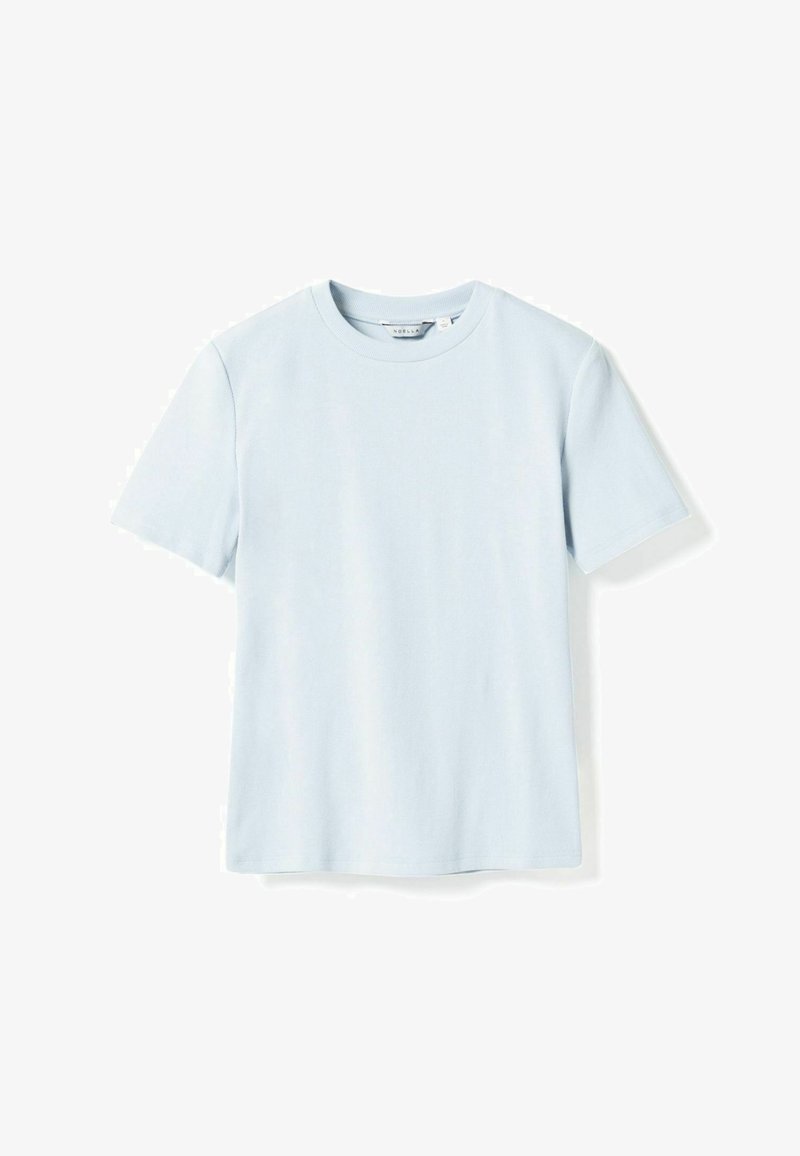 T-shirt en coton bleu clair à manches courtes, col ras-du-cou, coupe slim, sans motifs ni logos visibles.