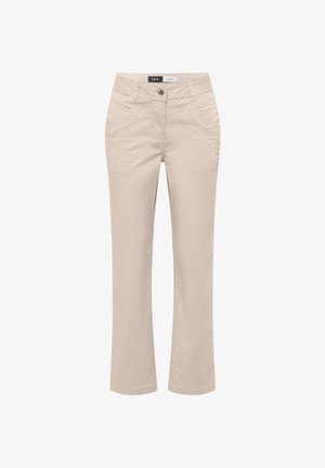 Beige straight-leg pants with front pockets, belt loops, button closure, and a visible label inside the waistband.