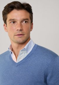 Maglione azzurro chiaro a collo a V realizzato in morbido tessuto a maglia fine, indossato sopra una camicia a righe multicolori con colletto. Il maglione presenta una consistenza liscia e una vestibilità comoda.