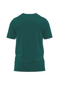 Türkises Baumwoll-T-Shirt mit kurzen Ärmeln, Rundhalsausschnitt und ohne sichtbare Muster oder Grafiken, das eine einfache, glatte Textur bietet.