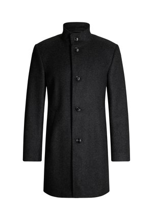 Cappotto lungo in misto lana, nero, con collo alto, chiusura a cinque bottoni e tasche laterali. Texture liscia, design minimalista.
