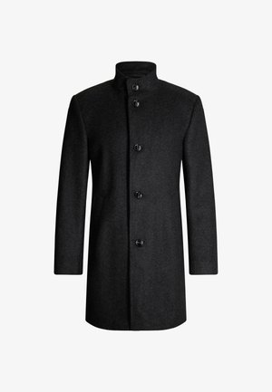 Wollen blend, lange zwarte jas met een hoge kraag, vijf knoopsluitingen en zijzakken. Gladde textuur, minimalistisch ontwerp.