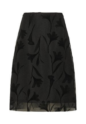 Fustă neagră cu un model floral brodat, țesătură texturată, formă evazată și tiv transparent pentru un detaliu vizual suplimentar.