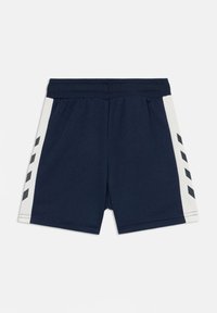 Marineblauwe sportkorte broek met elastische tailleband en witte zijpanelen met vier diagonale marineblauwe strepen aan iedere kant.