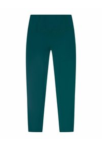 Ciemnozielone legginsy z wysokim stanem, z płaskimi szwami, długości do kostek, bez widocznych logo lub wzorów.