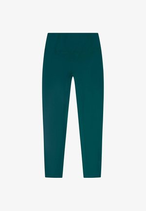 Leggings de talle alto en un azul oscuro, con costuras planas, de longitud hasta el tobillo y sin logotipos ni patrones visibles.