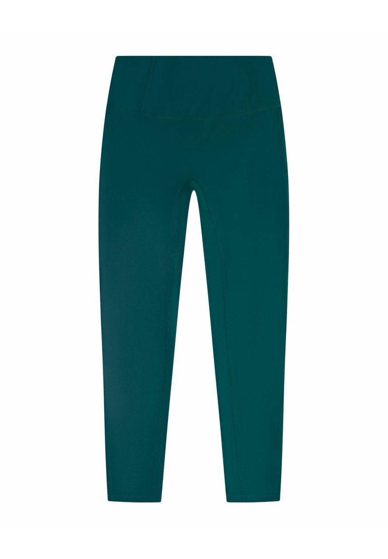 Ciemnozielone legginsy z wysokim stanem, z płaskimi szwami, długości do kostek, bez widocznych logo lub wzorów.