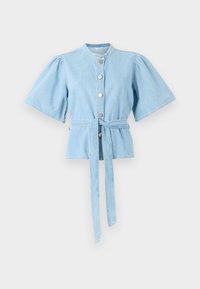 Light blue denim shirt, short puff sleeves, round collar, front button closure, belted waist, and decorative stitching detail.