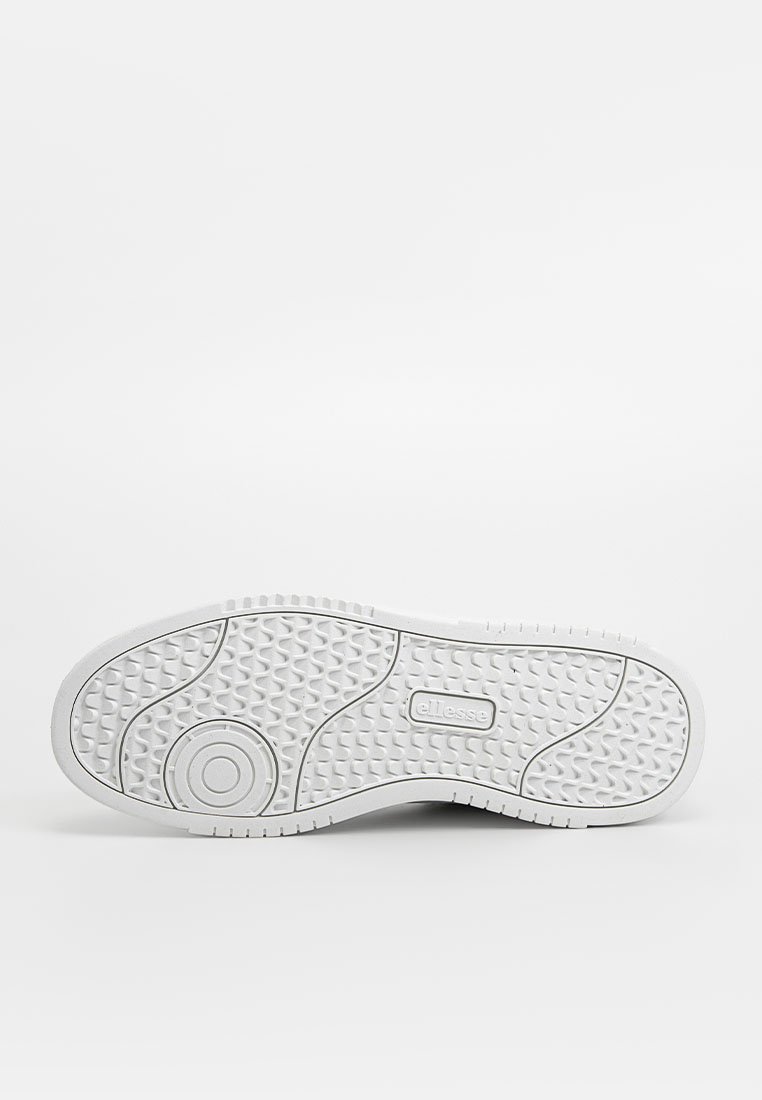 Weiße Gummisohle mit strukturiertem Griffmuster und dem eingeprägten Markennamen "ellesse" in der Mitte, auf einem neutralen Hintergrund präsentiert.